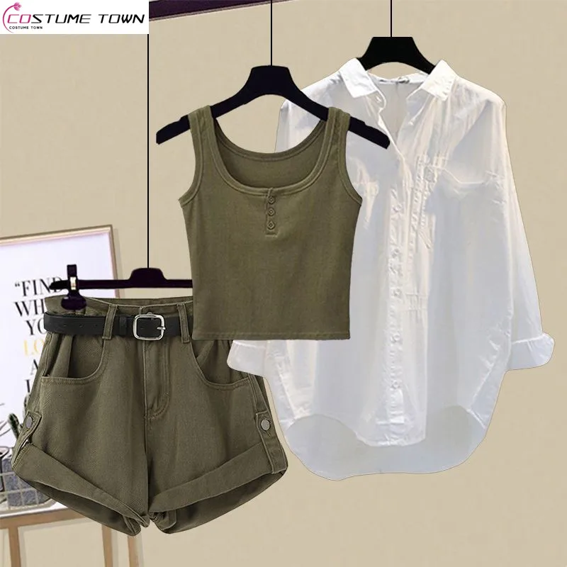 Spring/Summer Korean Edition New Versatile Sunscreen Shirt with Inner Strap Tank Top High Waist Slim Denim Shorts Set