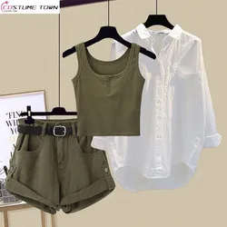 Spring/Summer Korean Edition New Versatile Sunscreen Shirt with Inner Strap Tank Top High Waist Slim Denim Shorts Set