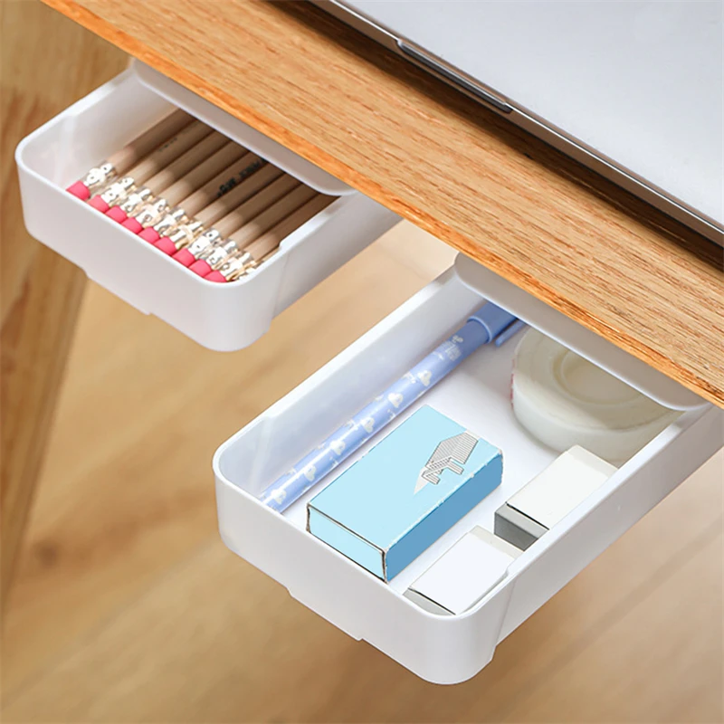 Self Adhesive Storage Drawer Box Makeup Pencil Tray Desk Hidden Under Desk Stand Under-drawer Storage Box for Home School Desk