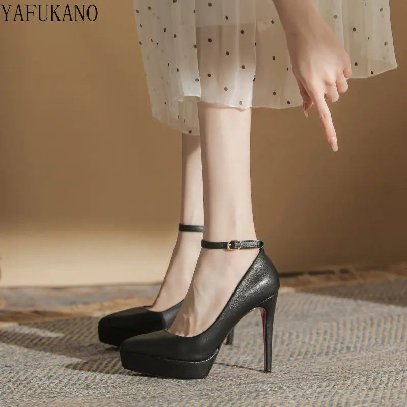 Fashion Pointed Toe Matte Ankle Strap Stiletto Platform High Heels Female Office Work Shoes 12Cm Casual Pumps Small Size 32 33