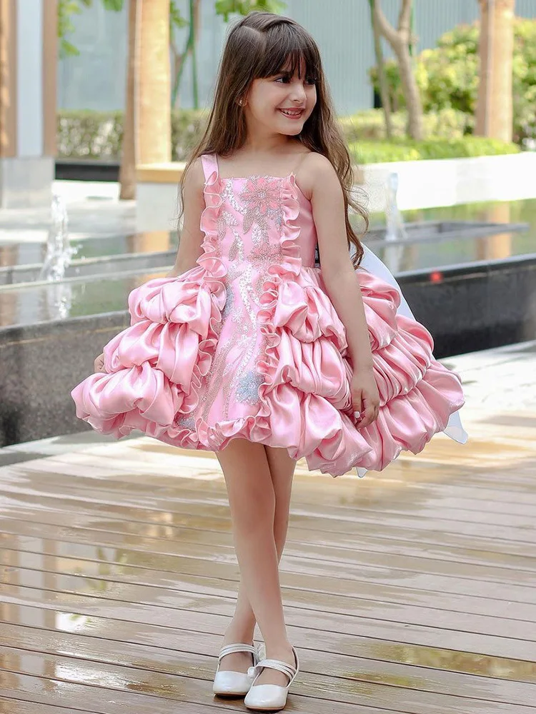 Vestidos flor rosa menina para casamento, roupa tutu lantejoulas para crianças, festa de aniversário, primeira comunhão, vestido de baile de Natal