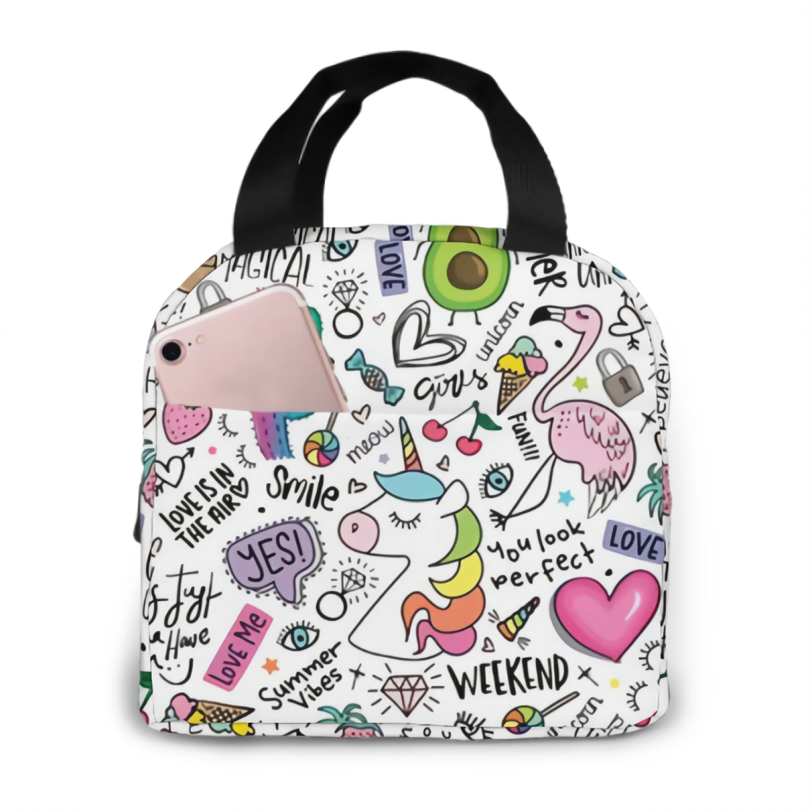 Fun Doodle With Unicorn Flamingo Cactus Pineapple Insulated Lunch Bag lunch box containers for Women Men Office School Picnic