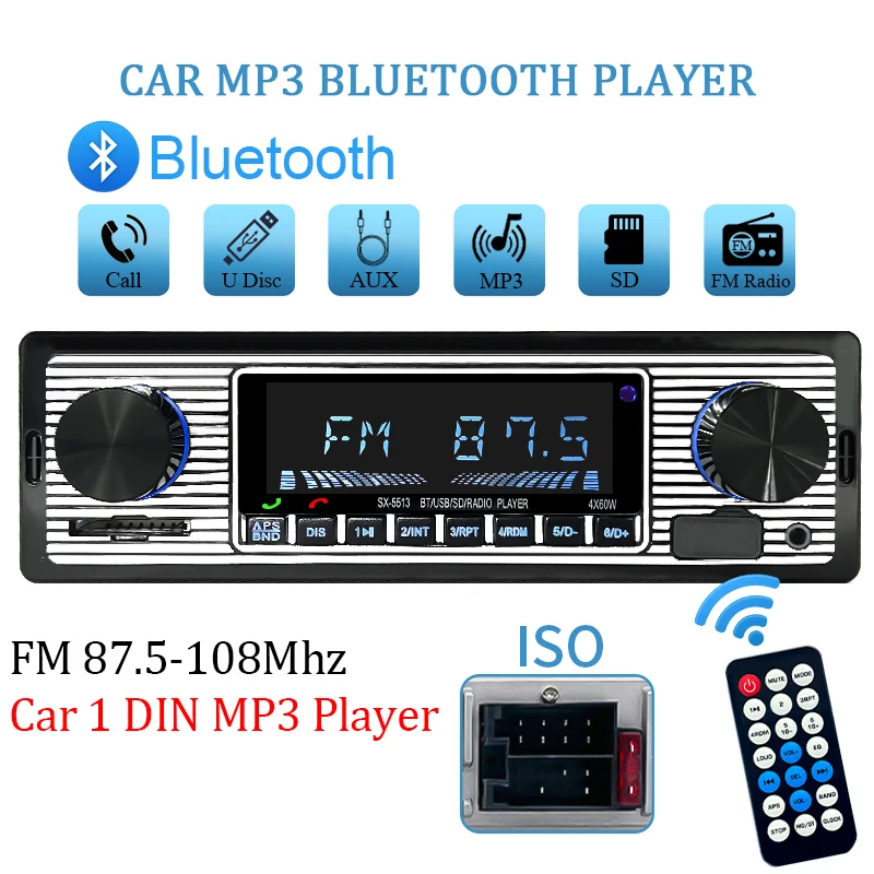 Hippcron 1 DIN راديو السيارة ستيريو FM بلوتوث MP3 60Wx4 مشغل الصوت الهاتف المحمول Handfree الرقمية USB/SD مع مدخل داش Aux