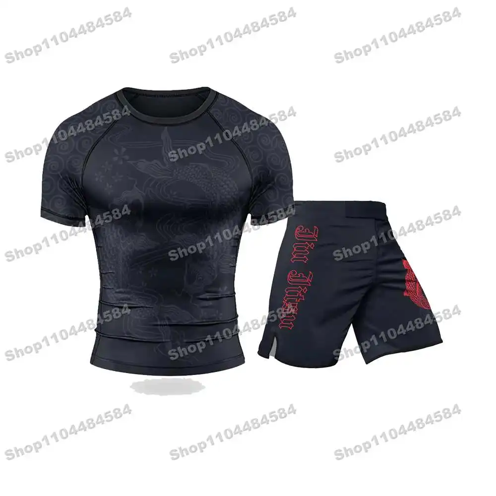 

25th Popular Ninja WWF Rash Guards Surfing Jersey Beach Shirts Swimwear Diving Gym Shorts MMA BJJ Men Jiu Jitsu Fitness Sets