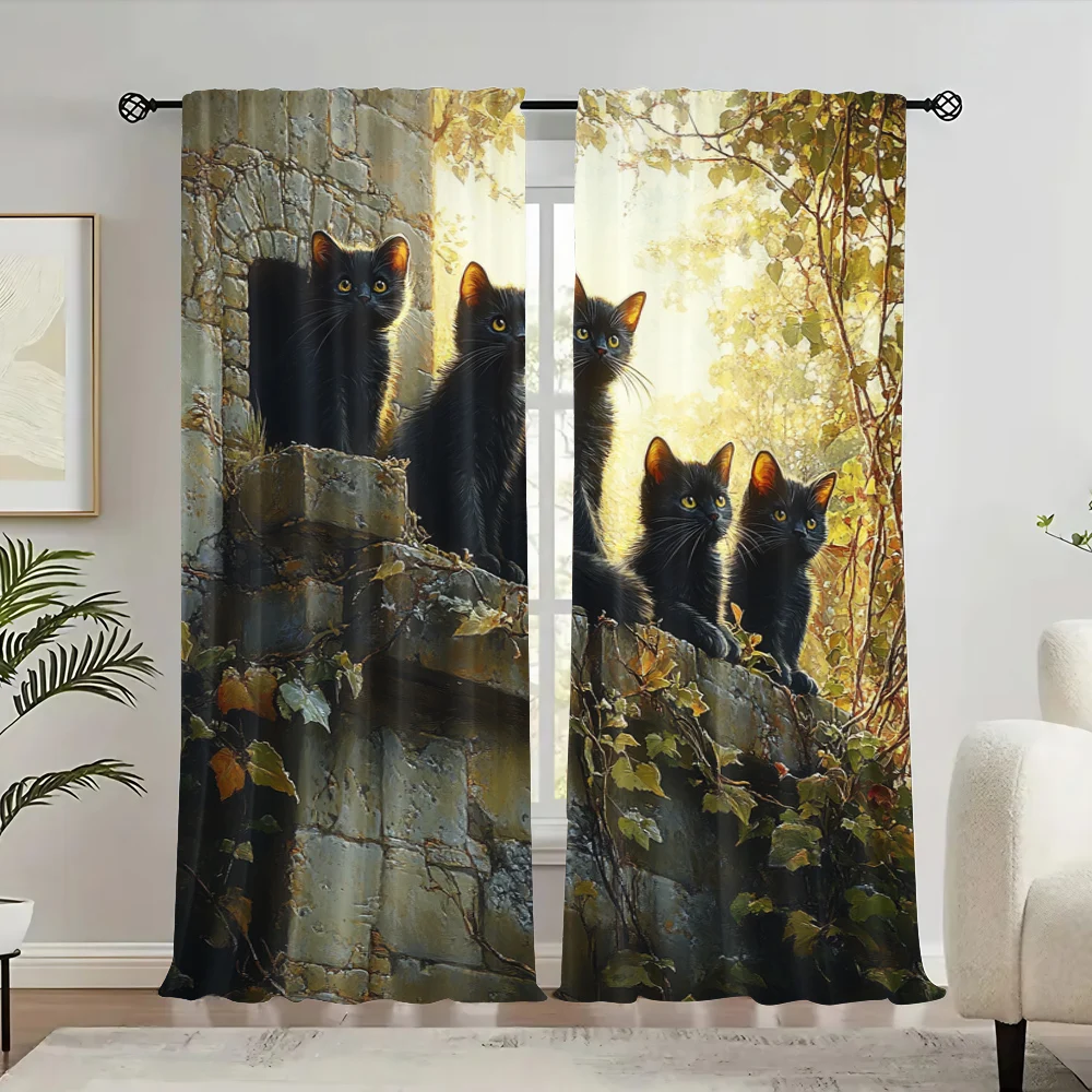 

2pc, Window Drapes Kitten_ stone wall Polyester,Without Electricity Party Decorations Perfect for Indoor Use