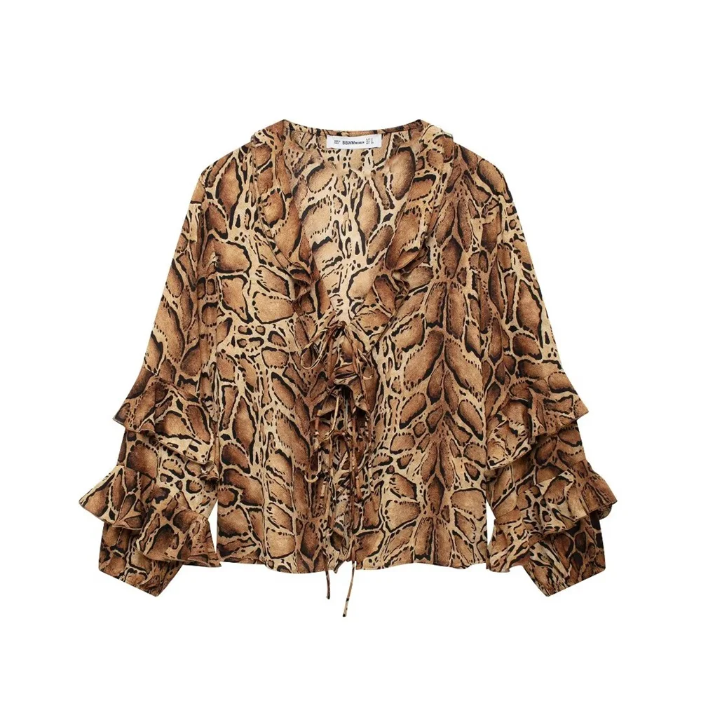 PB&ZA 2024 Early Autumn New Women\'s Fashion Versatile Leopard Print V-Neck Long-sleeved Lace-up Shirt