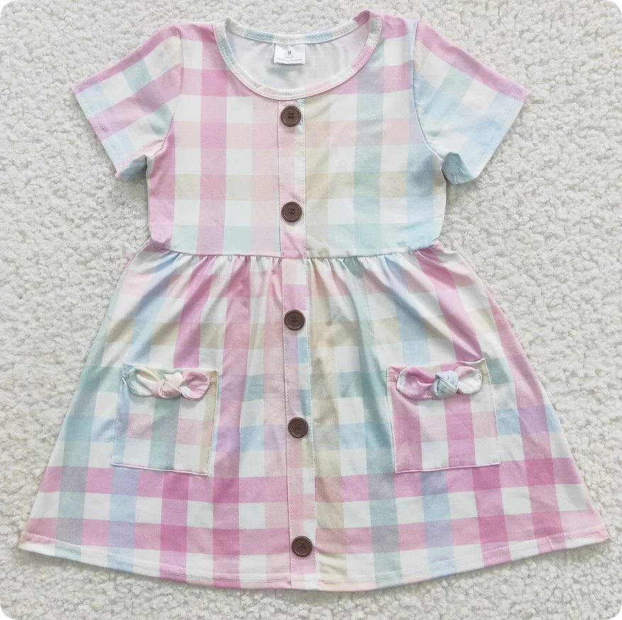 

New rts baby girls summer short sleeve dress wholesale boutique girls colorful striped plaid dress