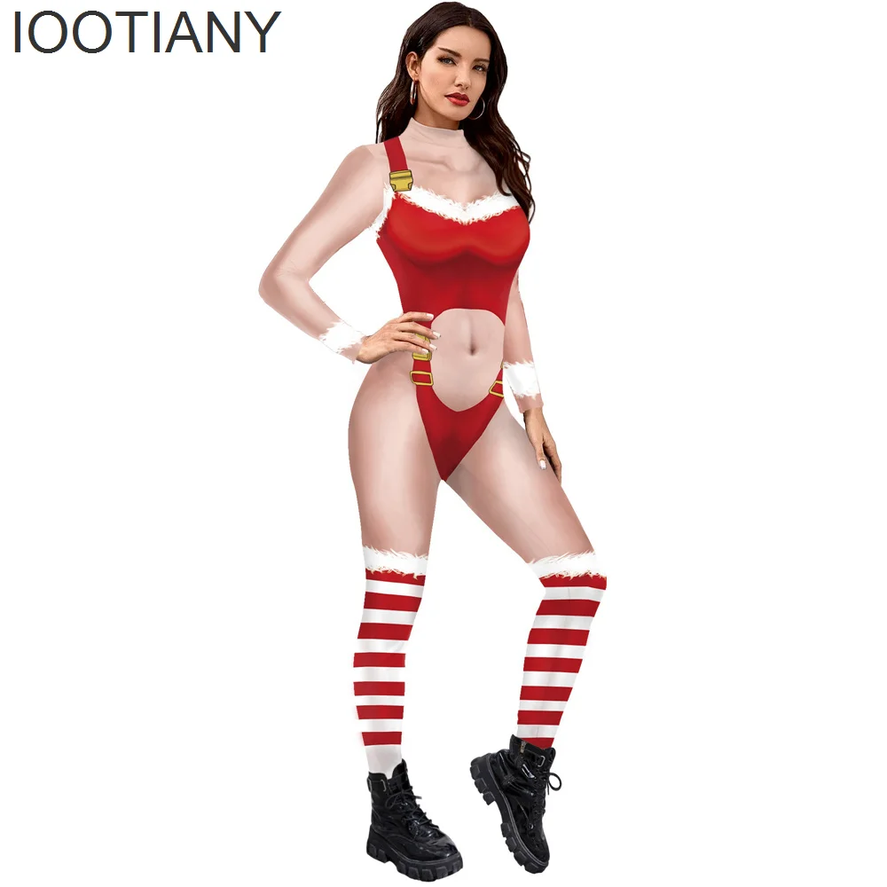 IOOTIANY Kerst 3D Print Cosplay Kostuum Sexy Kant Streep Patroon Jumpsuit Bodysuit Volwassen Carnaval Party Kleding monos mujer