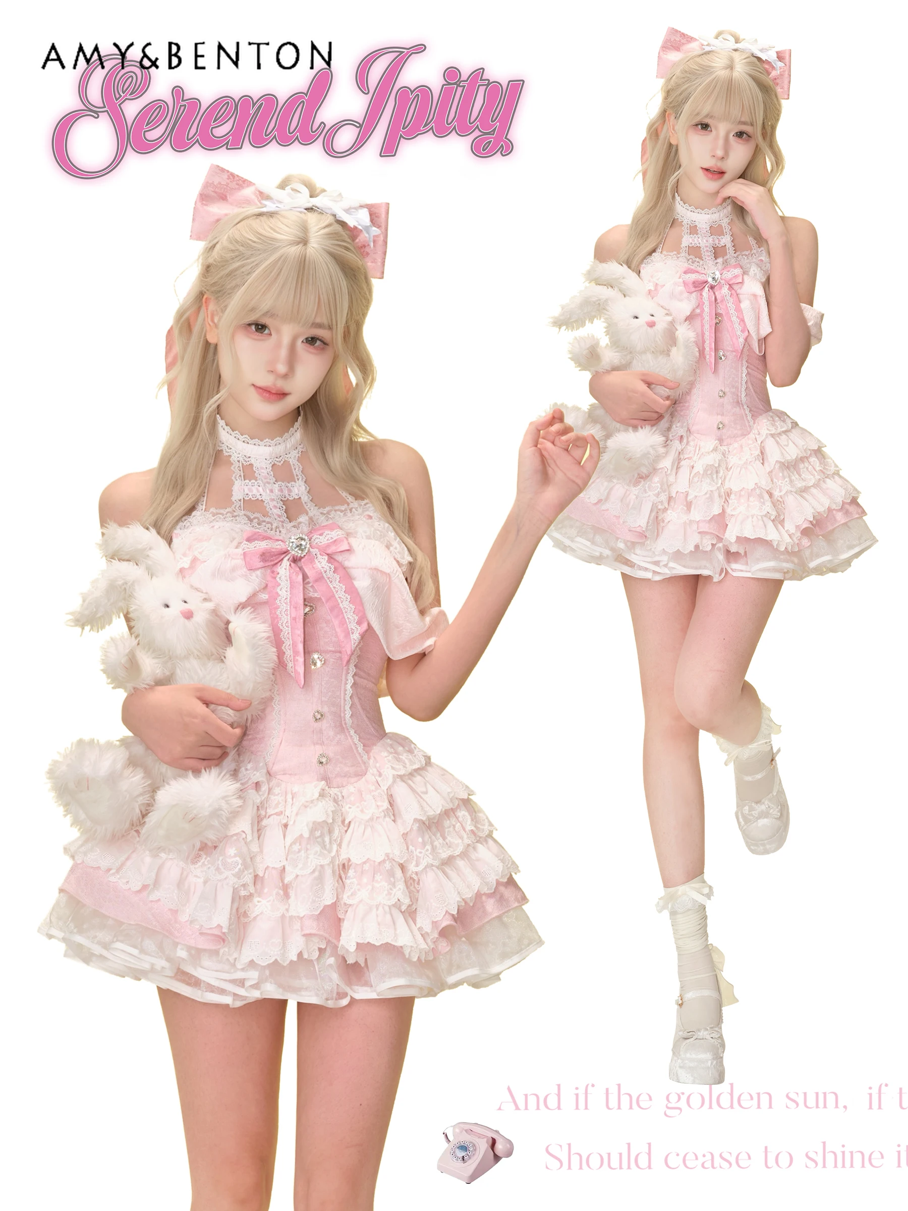 Robe Jacquard rose pour filles, tenue de princesse, tempérament d'été, mignon, col licou, nœud, taille haute, Slim, Tutu