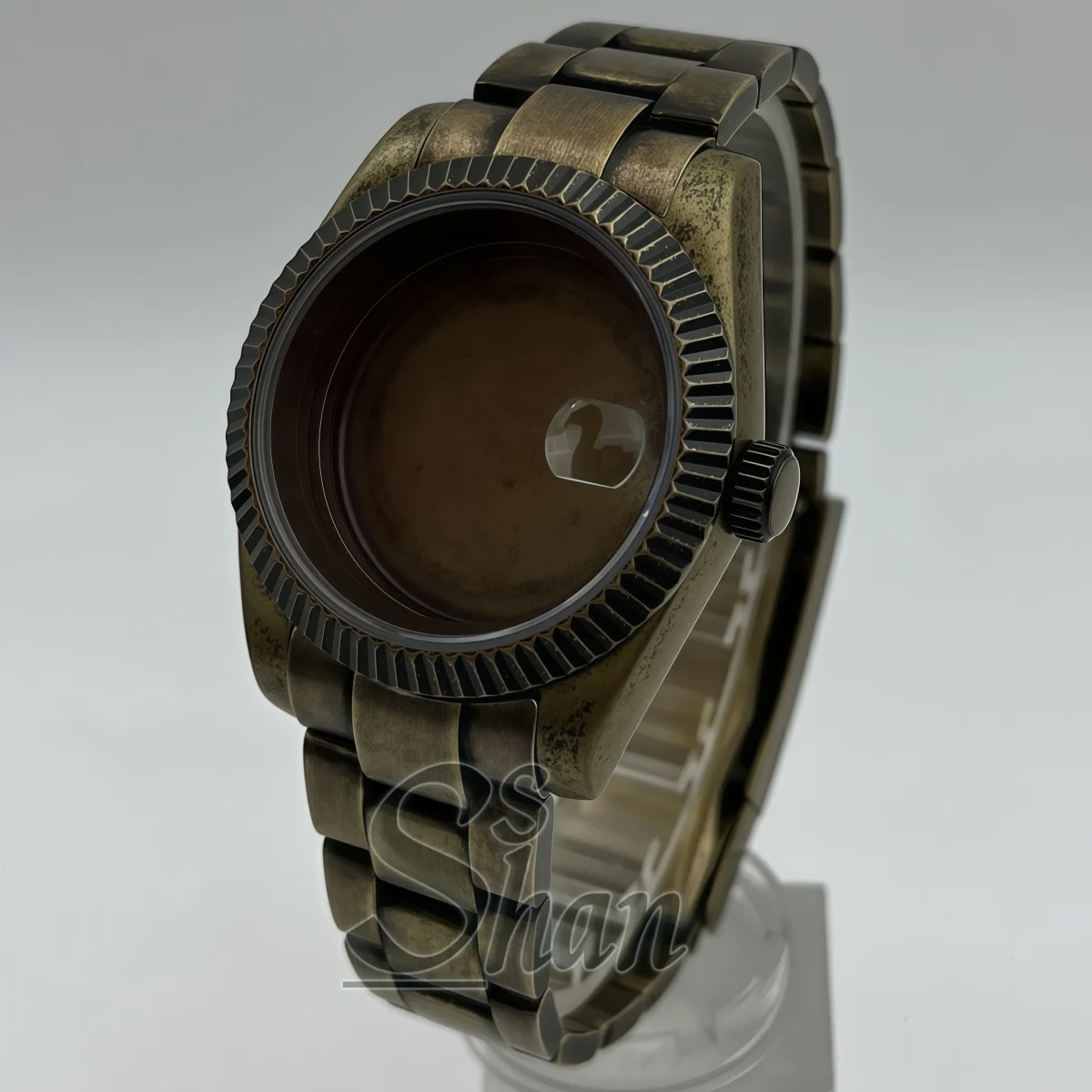 39MM Bronze‑Tone Grooved Watch Case Kit Sapphire Crystal Steel Bracelet & Leather Strap Compatible with PT5000 NH35 36 Movements