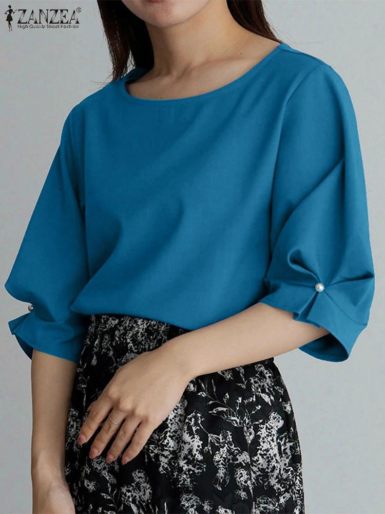 

ZANZEA Casual OL Work Tops Women Blouses 3/4 Sleeve O Neck Oversized Blusas 2025 Fashion Solid Color Tunics Oversized