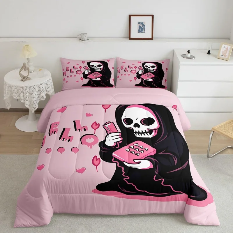 

Children's Halloween Happy Boys and Girls Pink Skull Ghost Horror Theme Bedding Set 3-Piece Bedroom Decoration Witchcraft