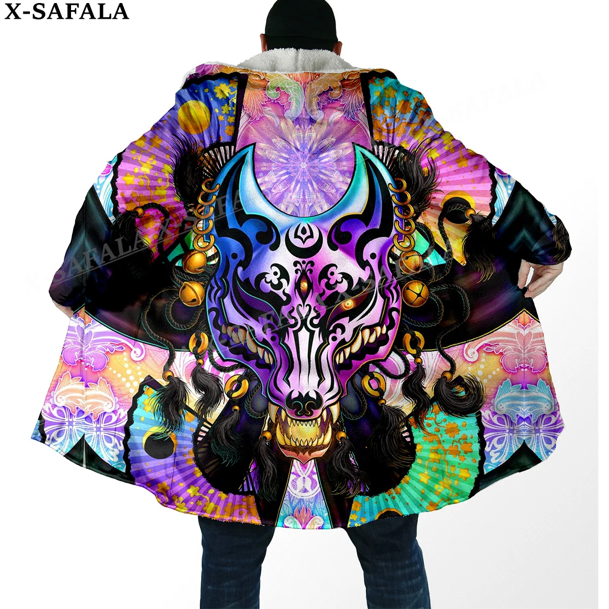 Japanese Fox Anime Kitsune Masks Print Thick Warm Hooded Cloak Men Overcoat Coat Windproof Fleece Cape Robe Hooded Blanket-6