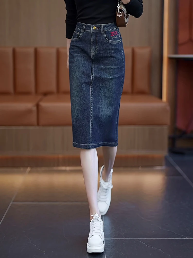 

Embroidered Denim Skirt Women's Mid-Length A-Line Straight Cut High Waist Spring Autumn New Style Cotton Polyester Blend