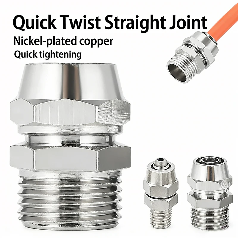 

PC Copper Pneumatic Quick Connector 4/6/8/10/12mm Tube to 1/8" 1/4" 3/8" 1/2" BSP Thread, Fast Twist Joint for Air Compressor