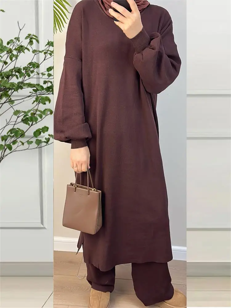 

Muslim Autumn Winter Knitting Suit Solid Casual Long Sleeve O-Neck Abaya And Pants Jalabiyat Daily Turkish Islamic Clothing