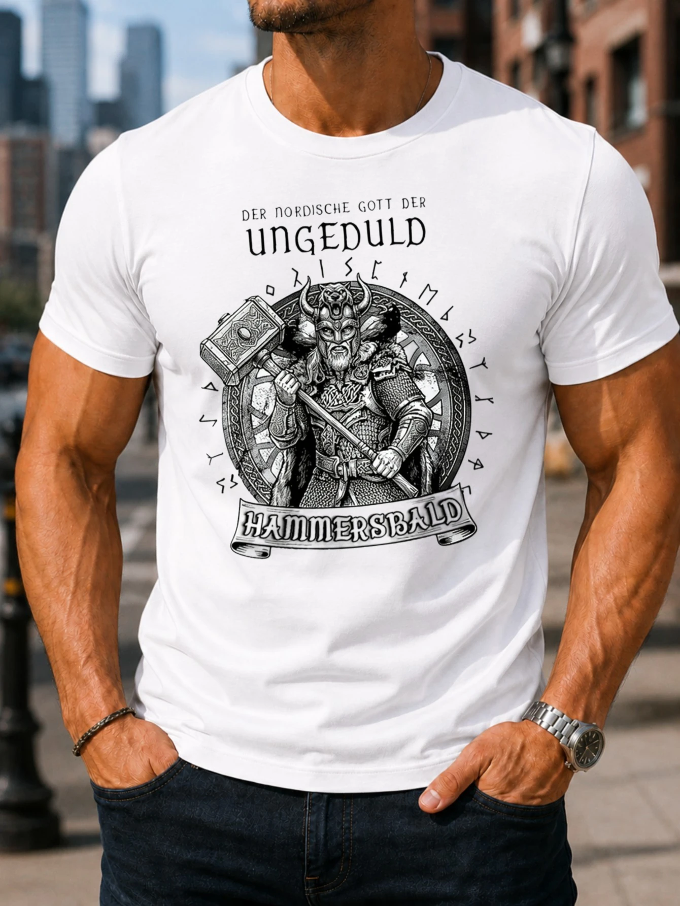 T-shirt unisexe avec jeu de mots sur le dieu nordique de l'impatience, runes de guerrier et motif audacieux