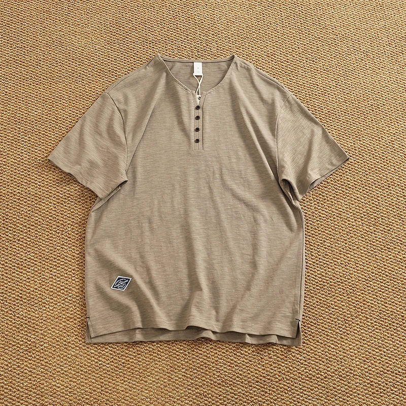 Summer New American Retro Short-sleeved O-neck Breathable Bamboo-joint Cotton T-shirt Men's Fashion Washed Casual Sport Tops