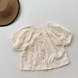 2024 New Summer Kids Baby Shirt Girls Sweet Embroidery Floral Blouse Tops Children Outwear Clothes 1-6T