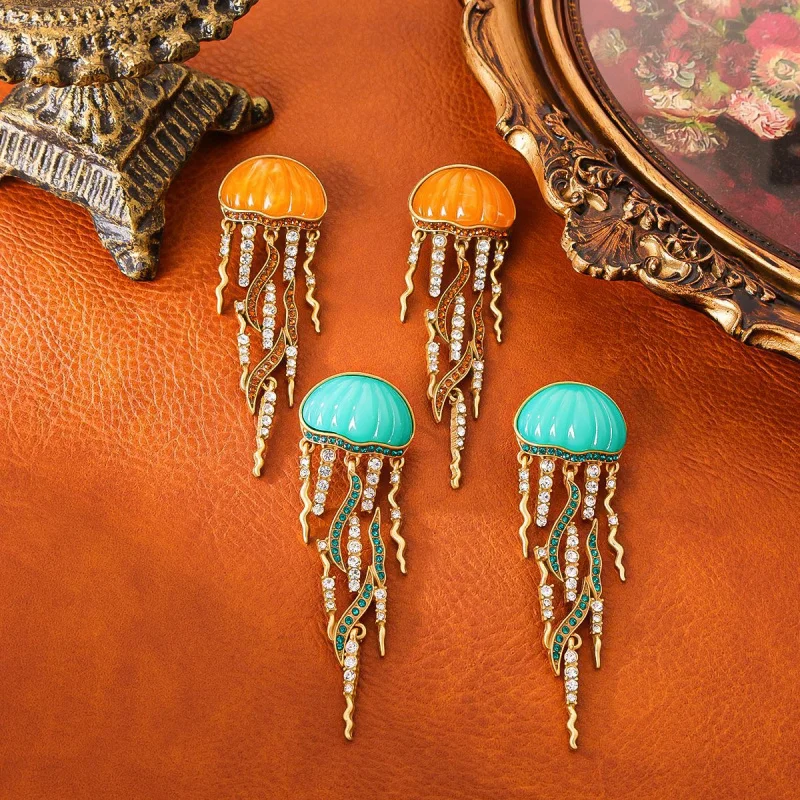 

Vintage Palace Style Inlaid With Colorful Enamel And Zircon Jellyfish Shaped Earrings Fashionable Women'S Jewelry