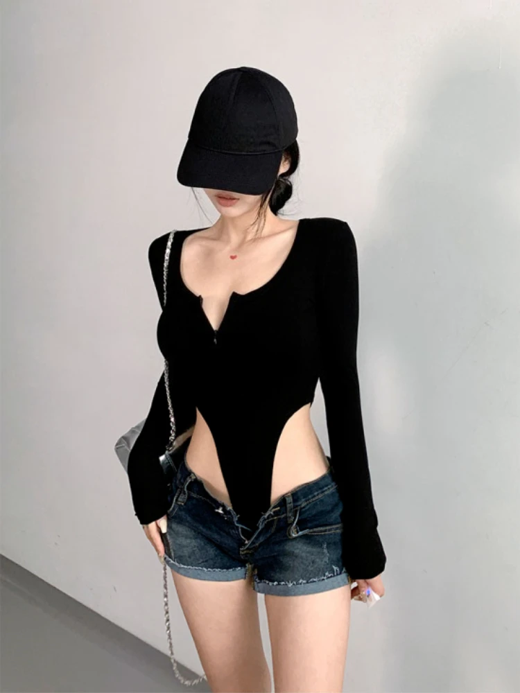 American Spicy Girl – combinaison moulante et Sexy, col en U, fermeture éclair, élastique, couleur unie, manches longues, T-shirt de sport de rue