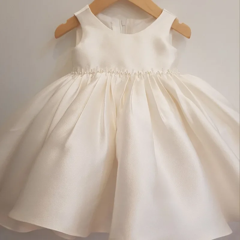 

Infant Baby Girl Flower Dresses White Satin Christening Gown Bead Newborn Baptism Clothes Princess Lace 1st Year Birthday Outfit