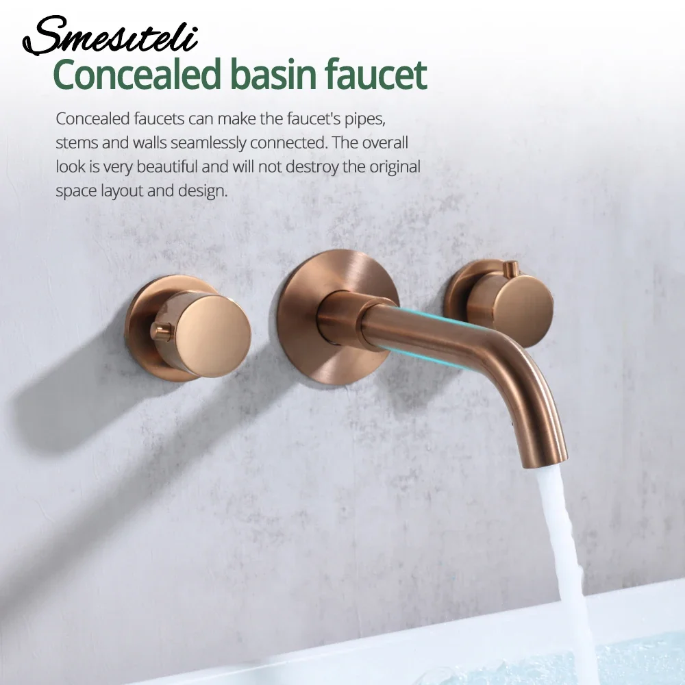 

Brushed Rose Gold Basin Faucet Sink Faucet Wall Mounted Basin Mixer Knob Control Switch Hot And Cold Bathroom Tap