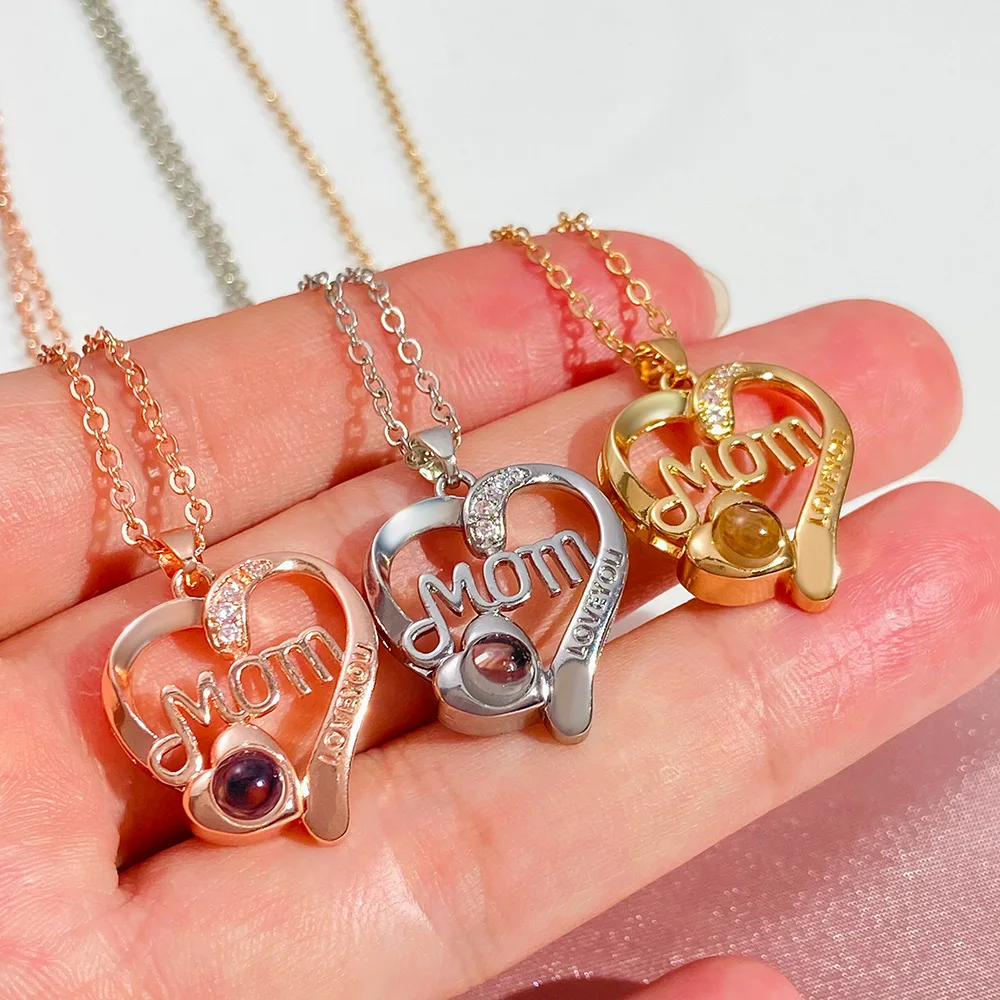 MOM Letter Heart Necklace Creative Design 100 Languages I love you Projected Collarbone Chain Mother's Day Gift Jewelry
