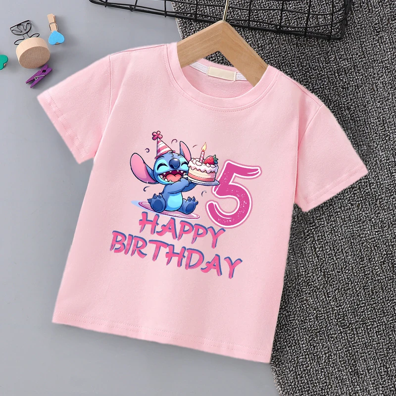 Lilo Stitch Number T-Shirt for Girl Birthday Clothes Summer Short Sleeve Pink T Shirts Casual Kids Clothes Cute Cartoon Tee Tops