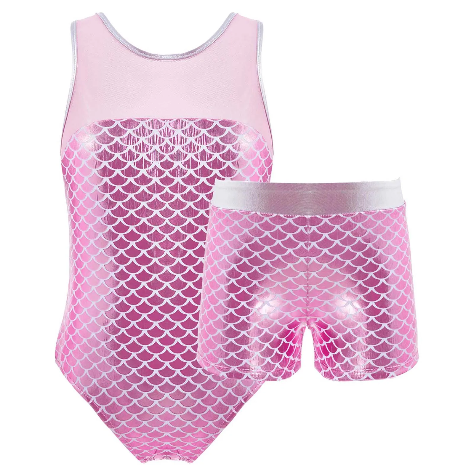 Kids Girls Sequins Ballet Dance Sets Fish Scales Print Leotard and Shorts Set Sportswear for Gymnastic Dance Stage Performance