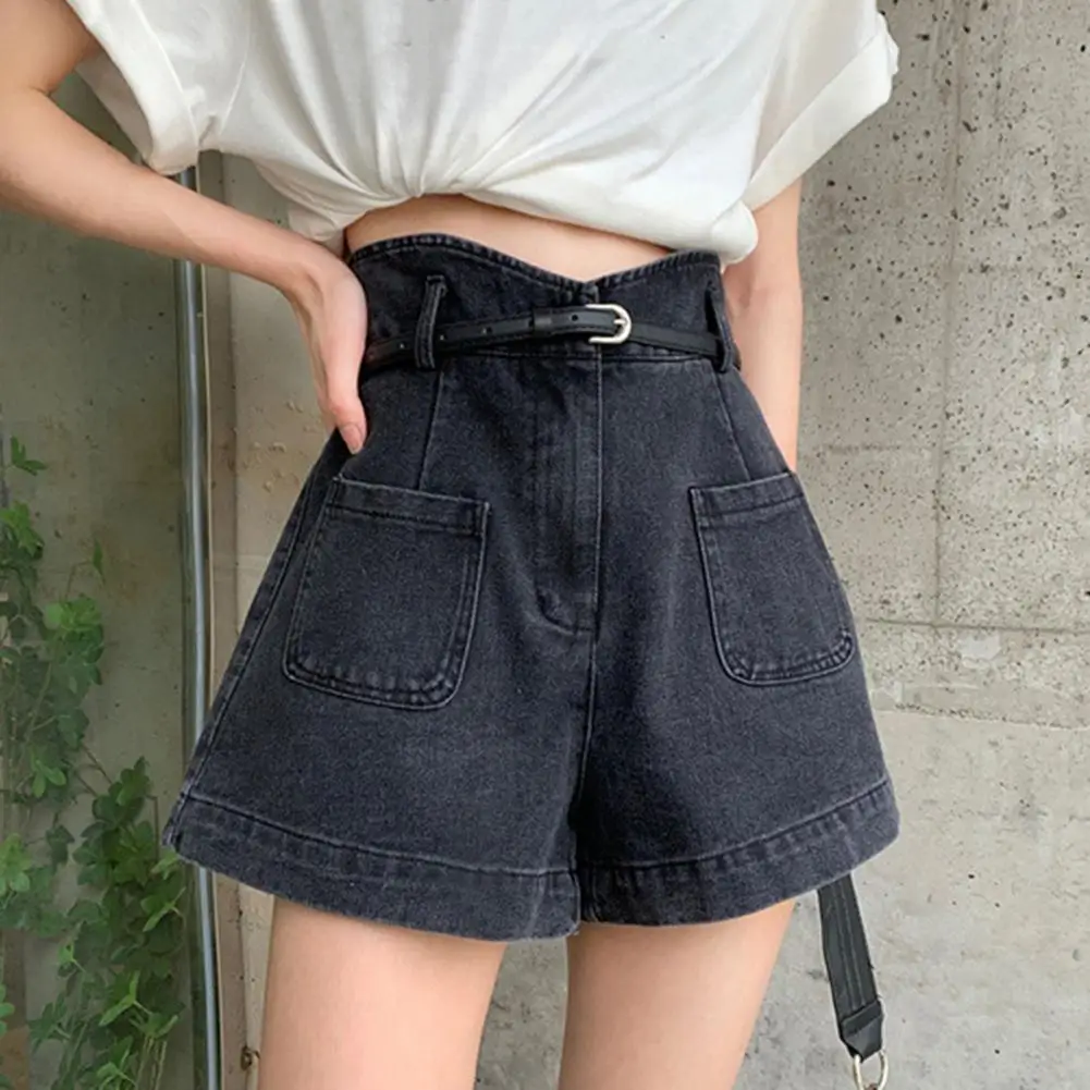 Letnie damskie szorty jeansowe Szorty jeansowe z wysoką talią Stylowe szorty jeansowe z wysoką talią dla kobiet Spodnie z szerokimi nogawkami i kieszeniami