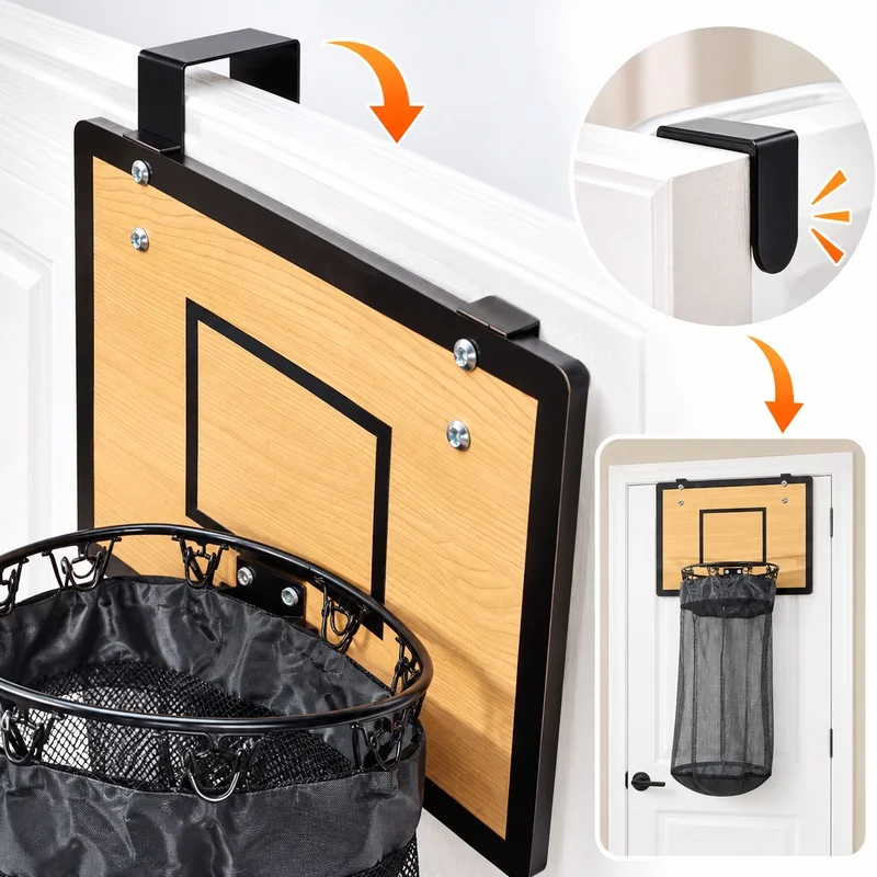 Wooden Basketball Hoop Laundry Hamper, No Drill Wall Mounted Kids Dirty Clothes Storage Rack Multifunctional Fun Organizer - view 2