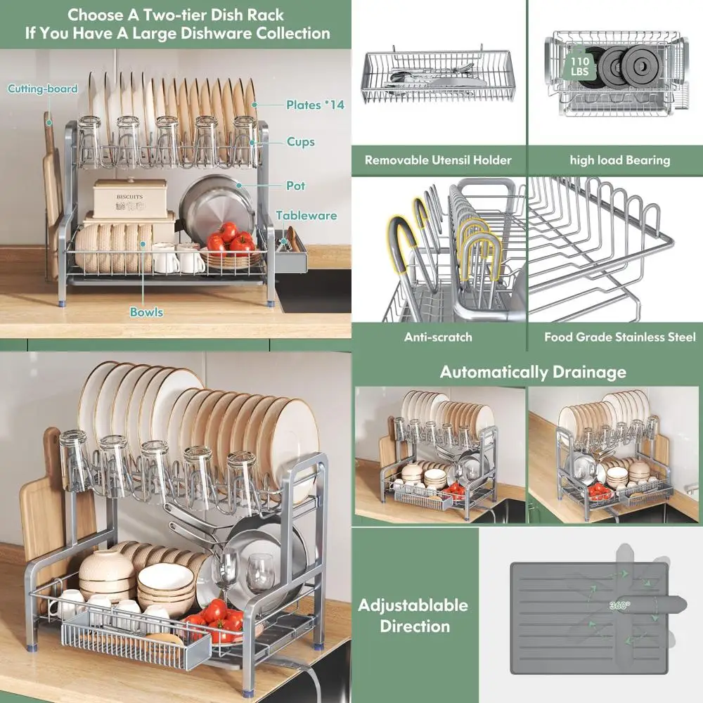 

Stainless Steel 2-Tier Kitchen Dish Drying Rack with Drainboard, Space-Saving Design for Large Dishes and Extra Tray