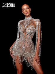 Illusion Beading Tassel Evening Dress Sparkly High Neck Party Prom Gown Stylish Customized Special Occasions Sexy Club Wear