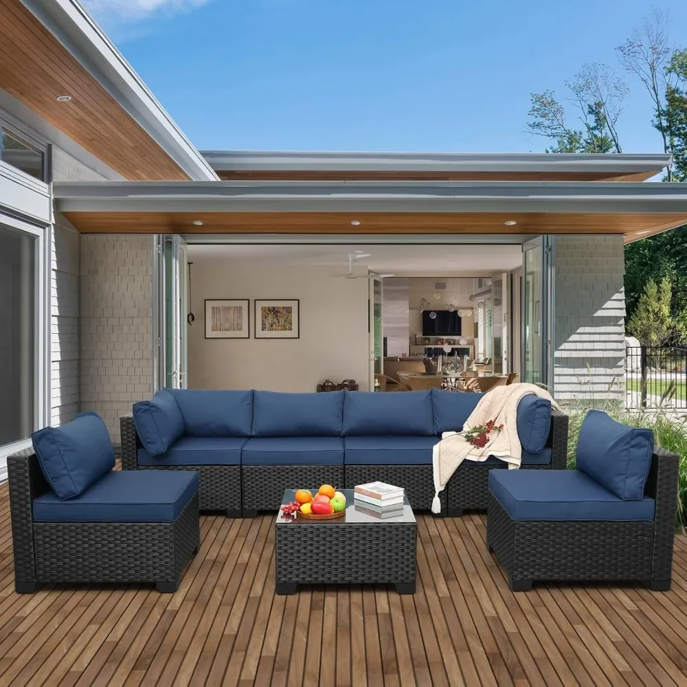 

Outdoor PE Wicker Furniture Set, Patio Black Rattan Sectional Sofa Couch with Washable Navy Blue Cushions