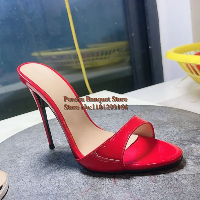Stylish Red Patent Leather High Heel Slippers Open Toe Cover Heels Women Summer Sandals Big Size 46 Drop shipping