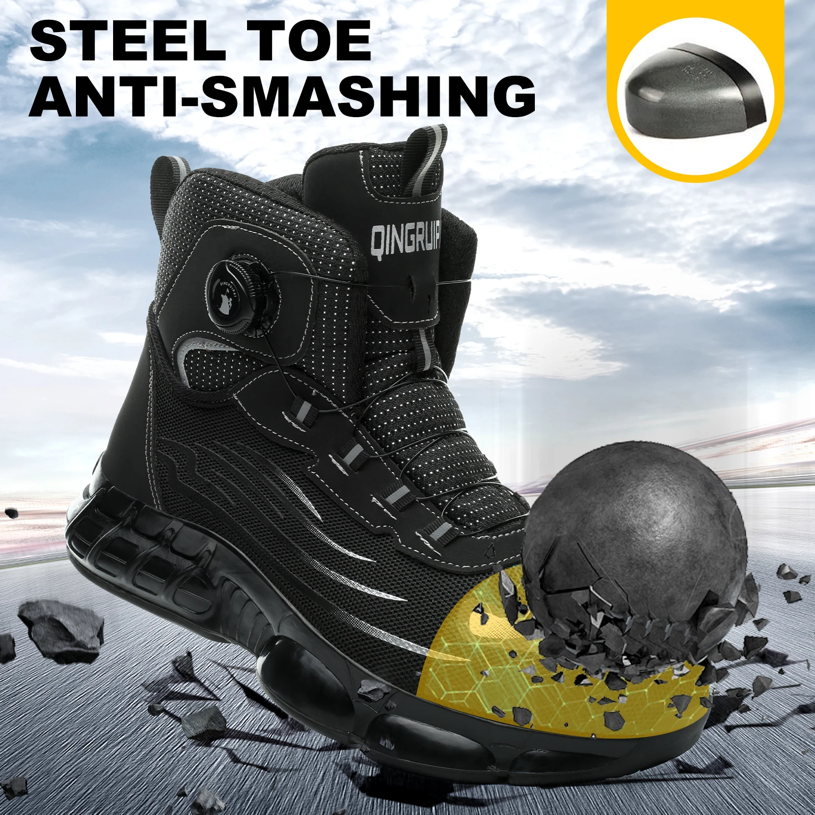 

Men's high top lace-free comfortable soft sole anti-smash and puncture resistant work shoes
