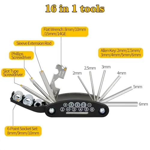 

16-Piece Bicycle Multifunction Tool Set With Hex Keys, Screwdrivers, Sockets And Tire Repair For Mountain And Road Bikes