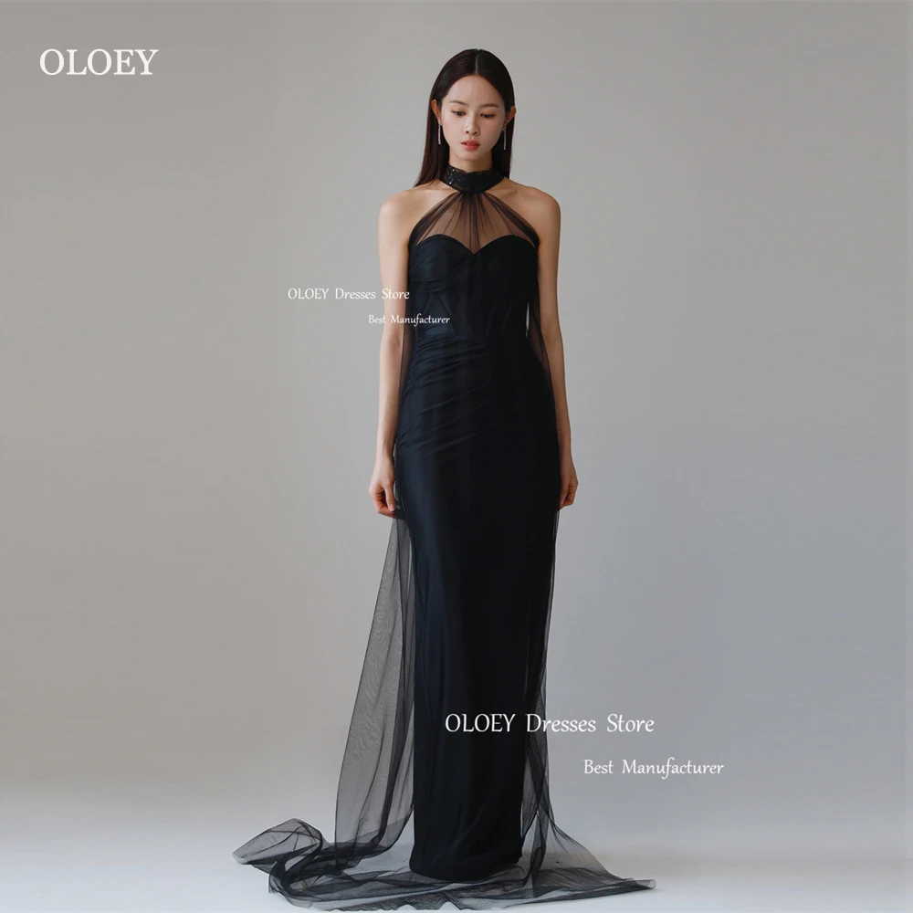 

OLOEY Elegant Satin Black Evening Dresses Corset 3D Flowers Halter Floor Length Wedding Party Photoshoot Formal Prom Gowns