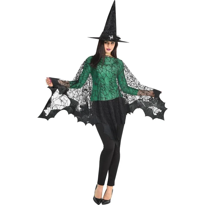 

1pcs Halloween Spider Web Bat Cloak Black Festival Adult Shawl Cape Warp Knitted Costume Polyester Horror Style