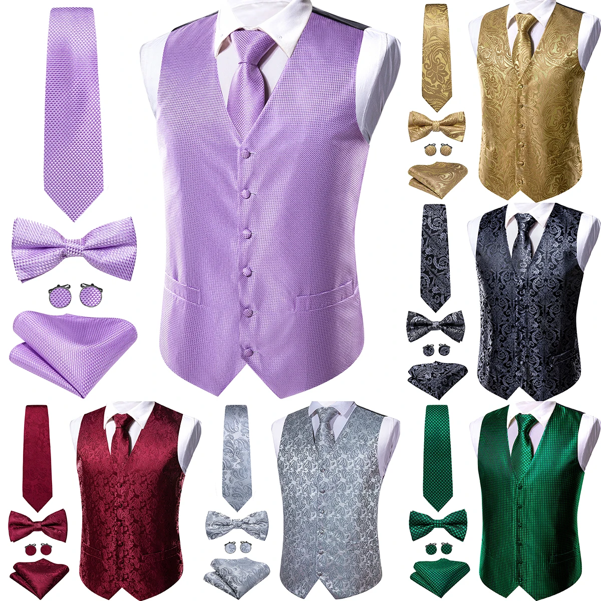 

Elegant 5pcs Vest for Men Spring Silk Black Silver Red Green Gold Purple Waistcoat Tie Bowtie Set Men Suit Jacket Barry Wang