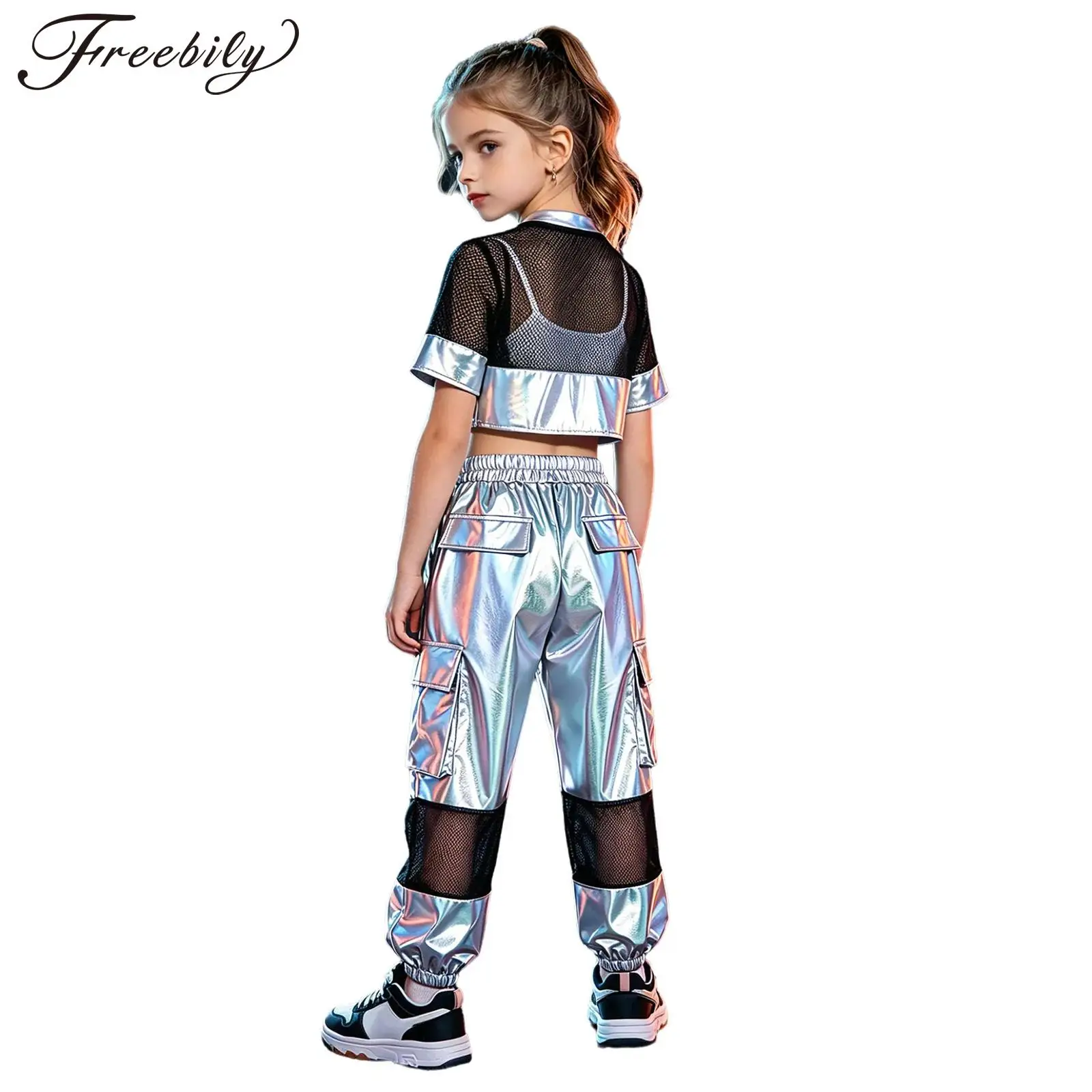 Kids Girls Metallic Shiny Hip Hop Jazz Street Dance Outfit Short Sleeve Number Graphic Hollow Out Mesh Crop Top with Cargo Pants