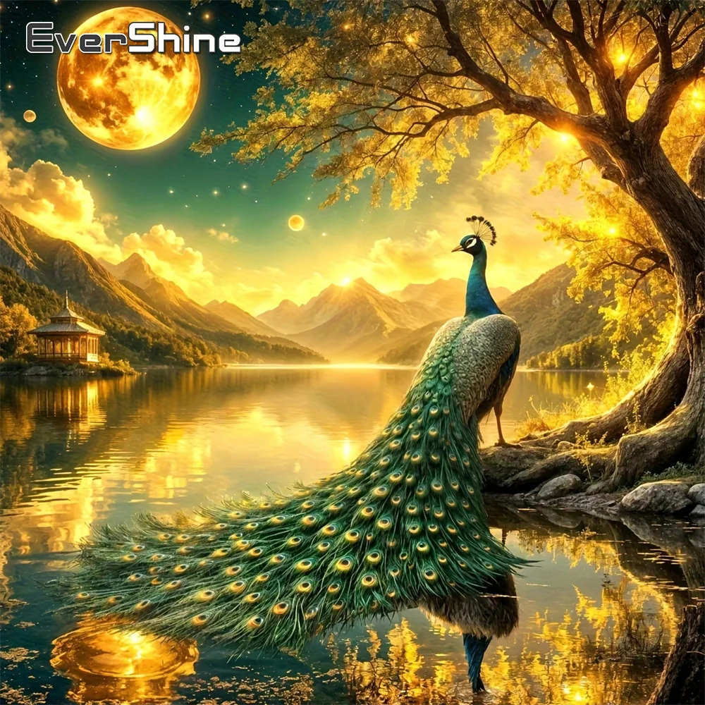 Evershine Diamantmalerei Landschaft 5D Bild Strass-Stickerei Pfau Vollbohr-Mosaik Mond Heimdekoration