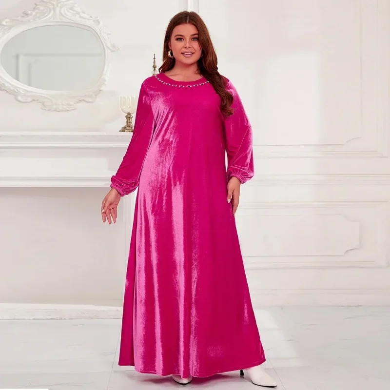 Vestido muçulmano de manga comprida com o pescoço para mulheres, elegante Abaya, vestidos de casamento africanos, moda, plus size, outono, 2023