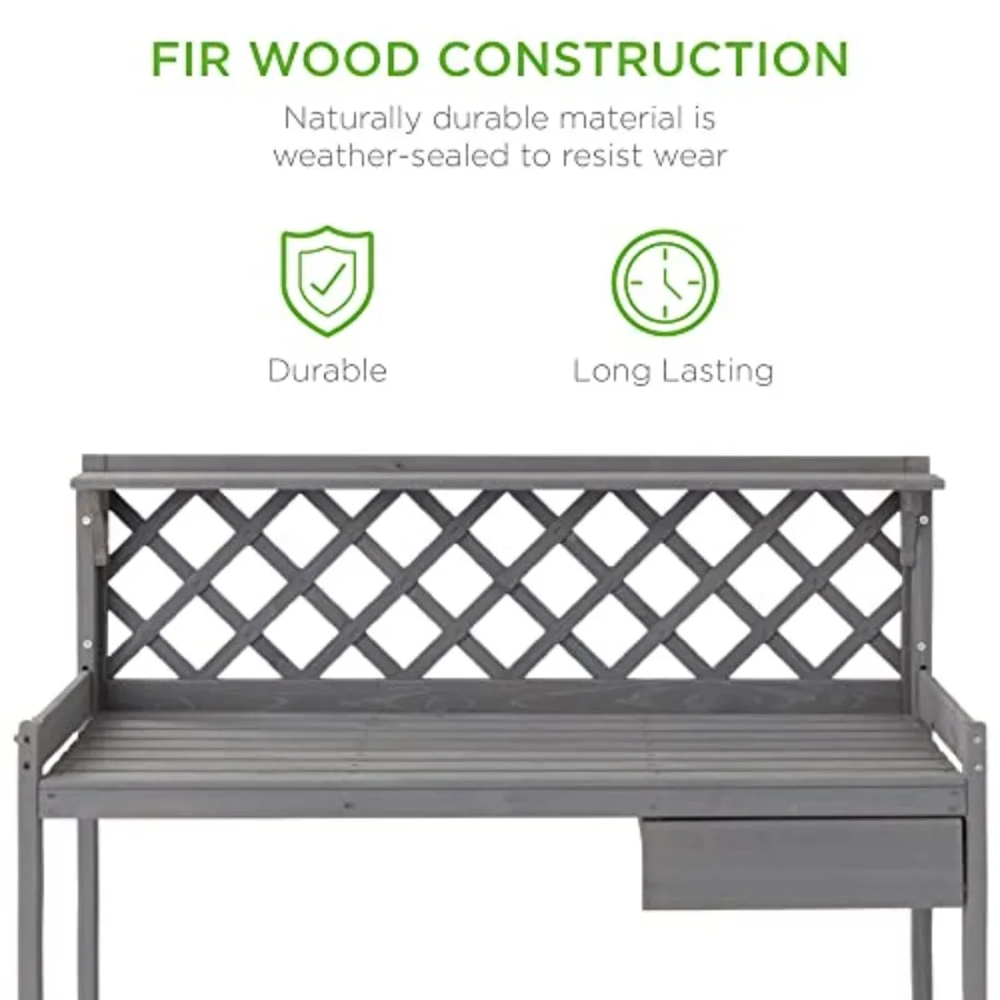 Outdoor Garden Potting Bench, Wooden Workstation Table w/Cabinet Drawer, Open Shelf, Lower Storage, Lattice Back - Gray