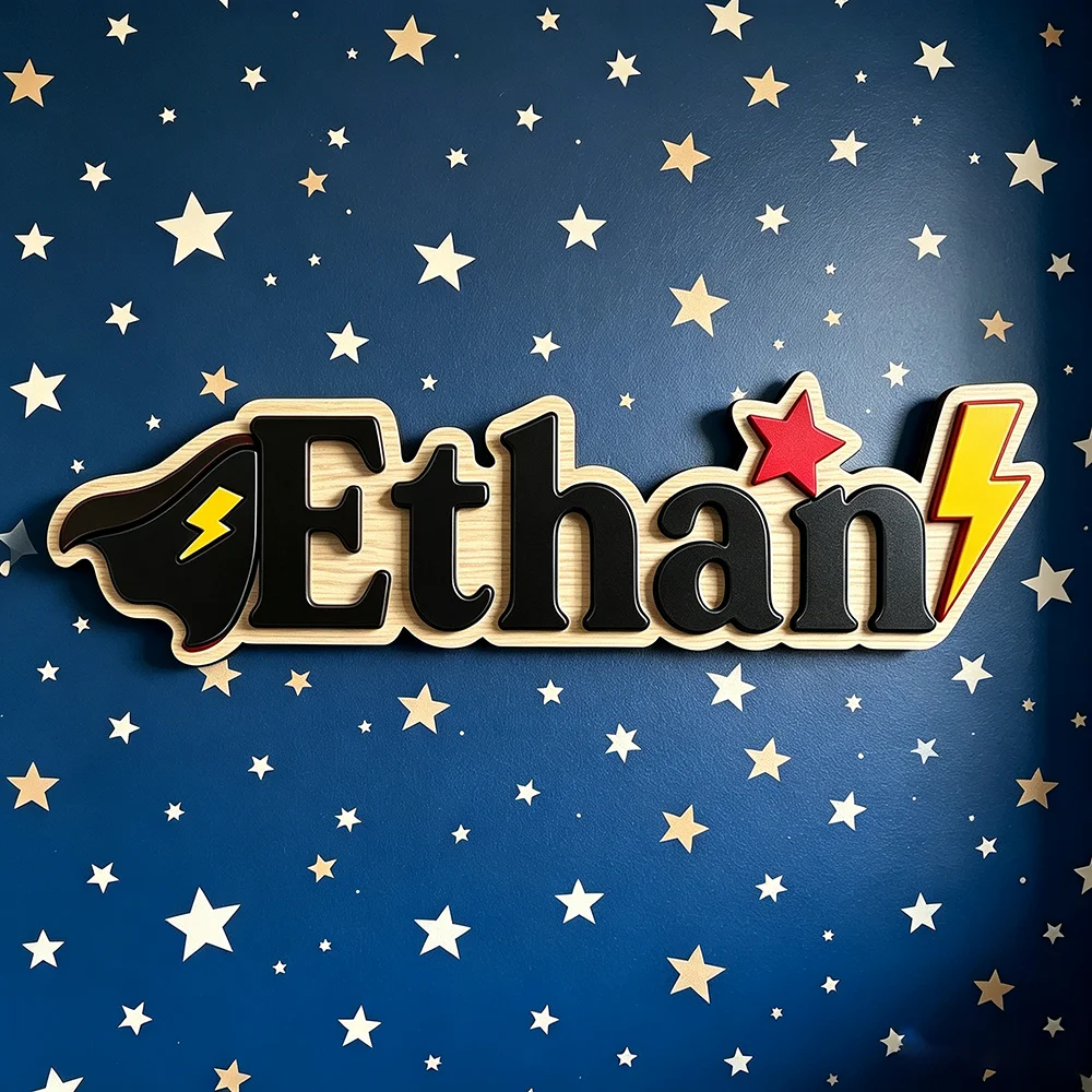 Custom Superhero Name Sign for The Dearest Baby, Neutral Star & Lightning Nursery Wooden Door Plaque