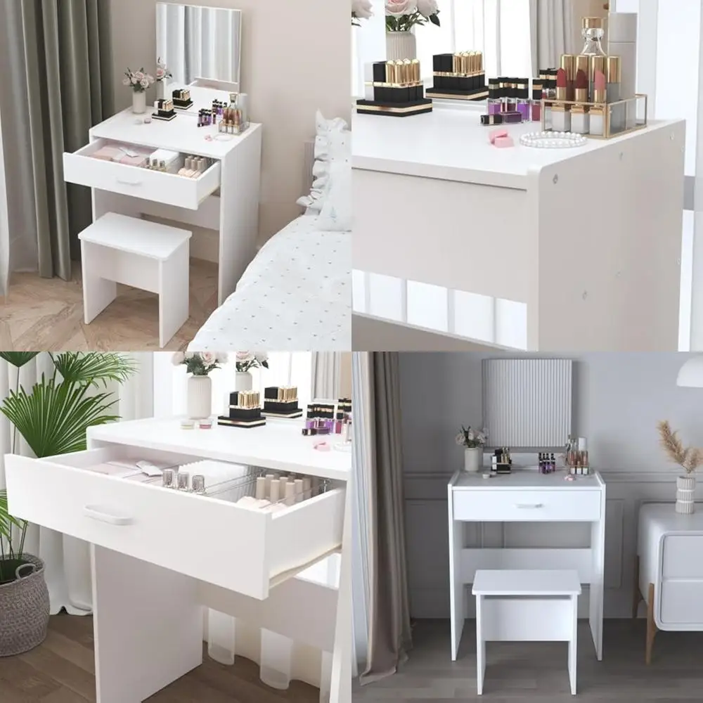 

compact makeup vanity table with storage drawer and chair for small spaces