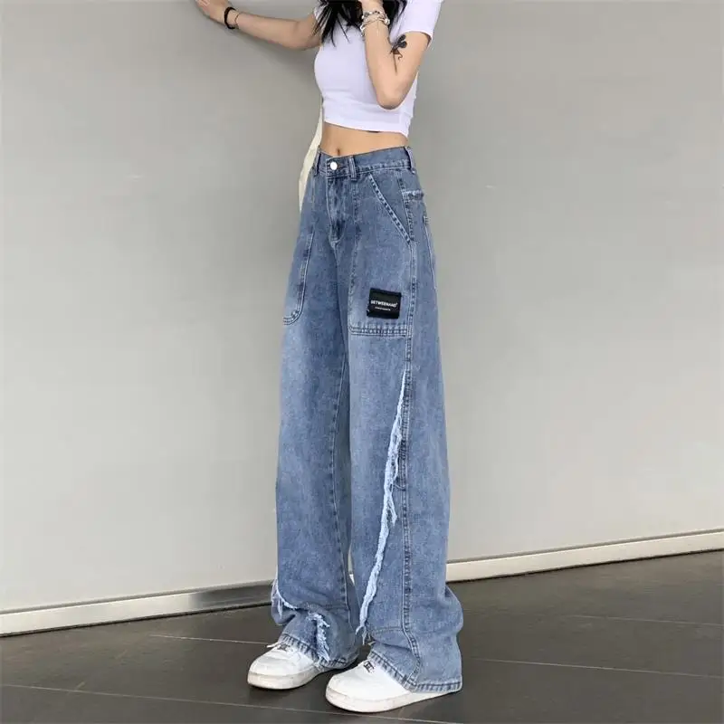 Oversized Jeans Women Design Tassel Raw Edge Straight Denim Pants Autumn New High Waist Loose Wide Leg Trousers Streetwear