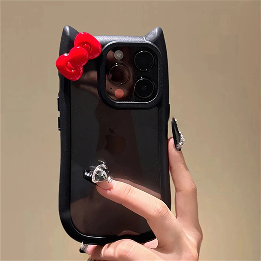 Kawaii 3D Bowknot Cats Ear Clear Case For iPhone 16 Pro 15 14 13 11 12 Pro Max 15 Plus X XR XS Korean Cute Girl Silicone Cover