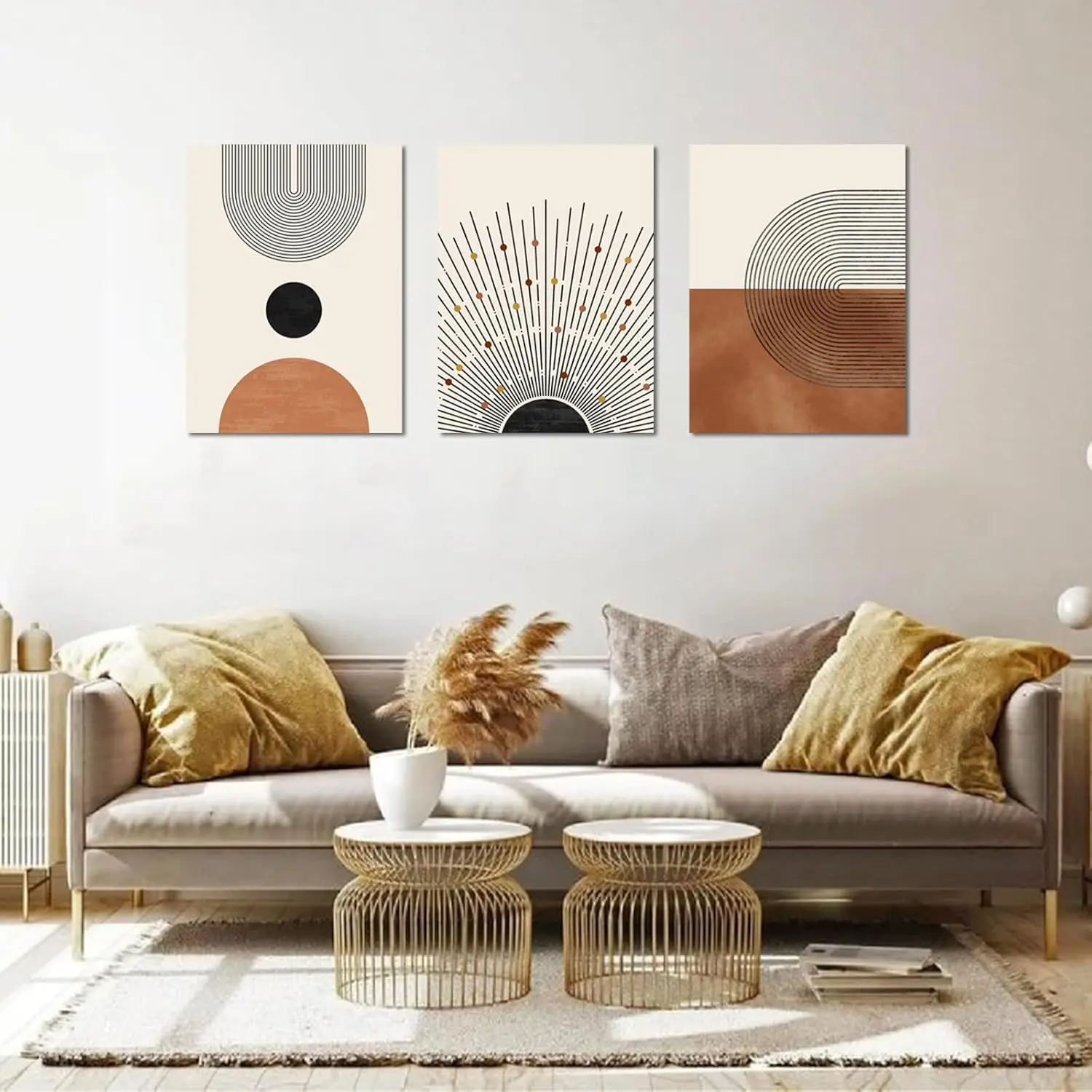 Abstract Boho Wall Art Set Of 3, Minimalist Neutral Geometric Line Sun Art Prints, Framed Boho Canvas Artwork Paintings, Modern